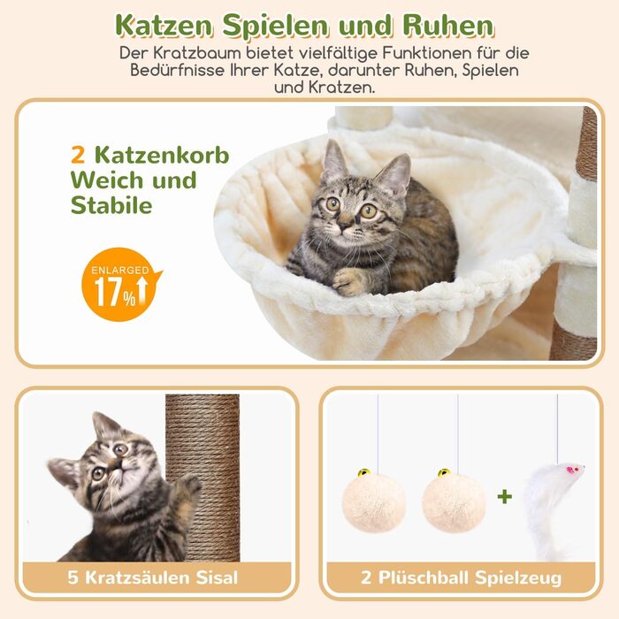 Драбинка для котів Globlazer XXL Бежева, 188 см: великий будиночок, платформа, 2 кошики, стабільна, кутова, легко миється (S74)