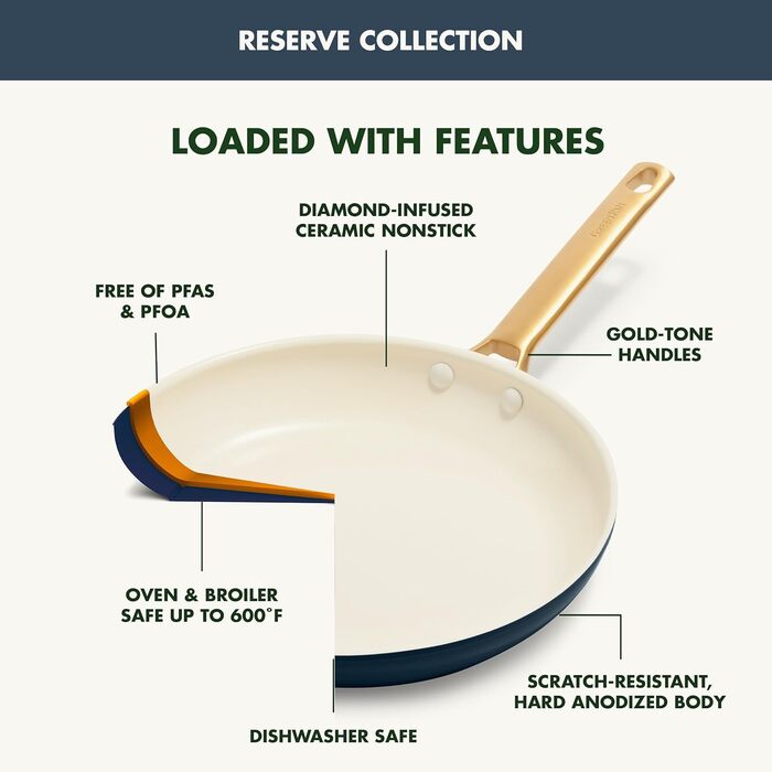 GreenPan Reserve Hard Anodized Healthy Ceramic Nonstick 10 Piece Cookware Pots and Pans Set, Gold Handle, PFAS-Free, Dishwasher Safe, Oven Safe, Twilight Blue (Klein Blau)