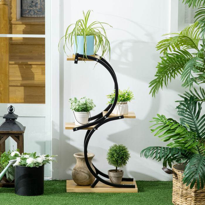 Outsunny Plant Shelf S-Shaped Flower Ladder 4-Tier Plant Stand with Metal Frame and Solid Wood Black 46x25x91cm for Garden & Balcony