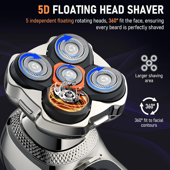 Електричний гоління для чоловіків Glatzen 6-в-1 з тримером для носа, для сухого та вологого гоління, USB-C, LED дисплей, IPX6