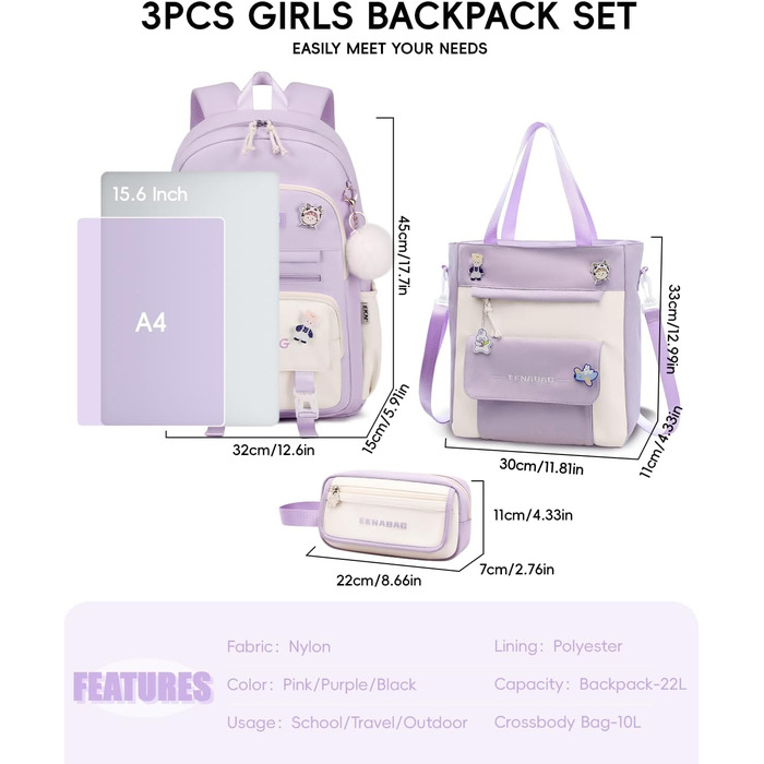 Рюкзак Tanou для дівчаток, шкільний набір: рюкзак, сумка через плече та пенал. Шкільний рюкзак для підлітків та школярів, фіолетовий колір