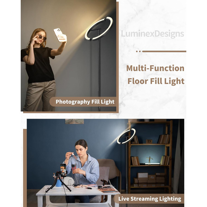 Підлогова лампа LuminexDesigns з регулюванням яскравості, 36W+7W LED, 3200LM+600LM, 2700K-6500K, чорна. Сучасна підлогова лампа для вітальні з пульт дистанційного керування