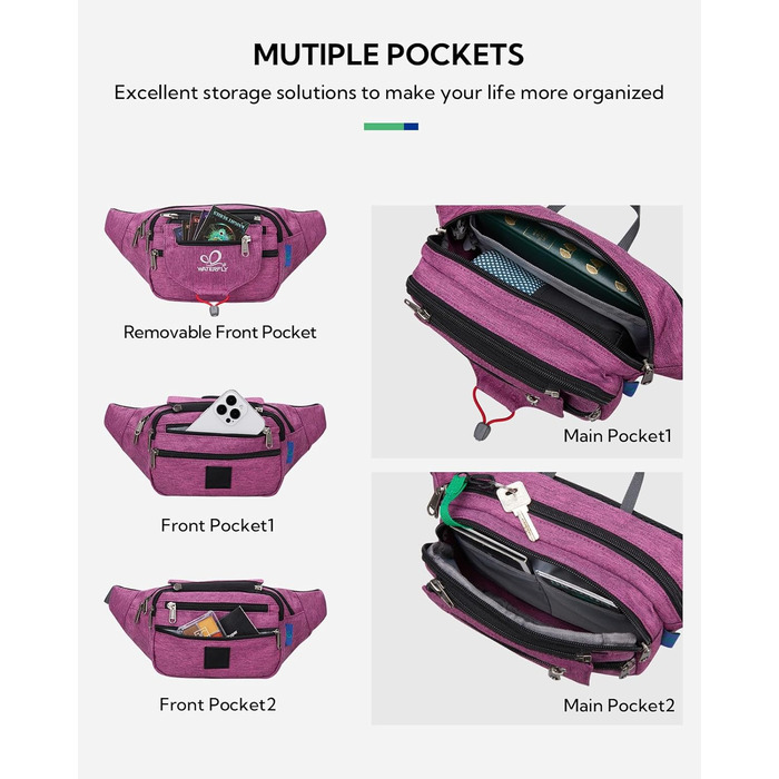 WATERFLY Поясна сумка на пояс для чоловіків та жінок, спортивна, для бігу, фітнесу, подорожей, фіолетова