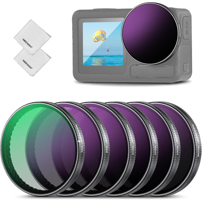 Набір фільтрів ND NEEWER для DJI Osmo Action 5 Pro/4/3 (6 шт.): ND8, ND16, ND32, ND64, ND256, CPL. Фільтри з HD оптичного скла, з мікрофіброю. Аксесуари для екшн-камери