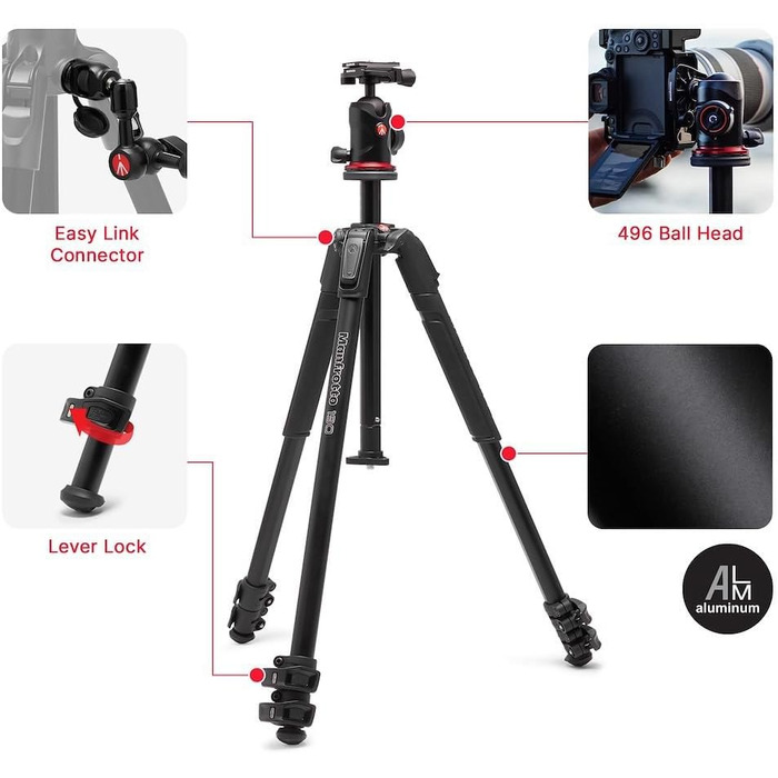 Штатив Manfrotto 190X з алюмінію – 3-секційний для бездзеркальних та DSLR камер (Alu 3 Segm Kit з Arca Swiss)