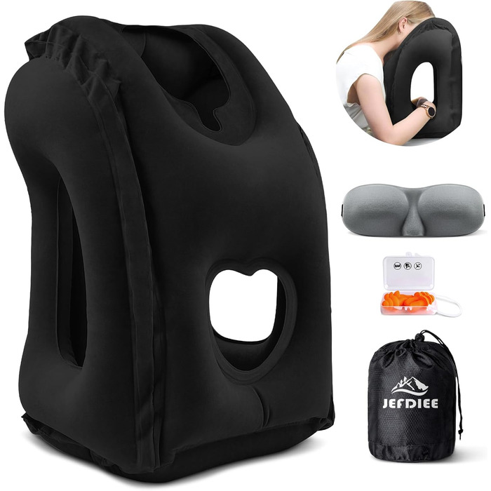 JefDiee Inflatable Neck Pillow Travel Airplane, Portable Travel Pillow, Neck Support Pillow Comfortably Supports Head and Chin, Pillow for Trains, Cars, Office, Home, with 3D Eye Mask, Earplugs (Black)
