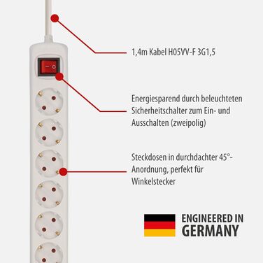Смуга розеток Brennenstuhl Bremounta з USB та вимикачем, настінна, біла, 6 розеток, 2м та 3м кабель
