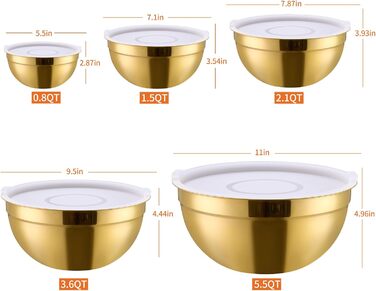 Набір міксерів Moxinox Gold з кришками, нержавіюча сталь, 5 штук. Ідеально для випічки, приготування та подачі їжі. Розміри: 5.5, 3.6, 2.7, 2.1, 1.5 л