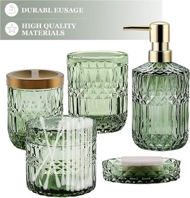 Bathroom Set, 5-Piece Glass Bathroom Accessory Sets including Lotion Dispenser, Soap Dish, Toothbrush Holder, Cup, Cotton Swabs, Modern Bathroom Decoration, Vintage Gift, Bathroom Decor Set (Green)