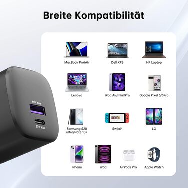 Зарядний пристрій USB-C 67W NOVOO GaN III з 3 портами, швидка зарядка для MacBook, iPad, Pixel, Samsung, iPhone, Steam Deck - Чорний