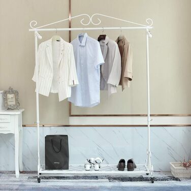 Clothes Rack, Garment Rod, Coat Rack with Shoe Storage, Width 136cm, Vintage Style Metal, Height Adjustable from 126 to 200 cm (White with Wheels)