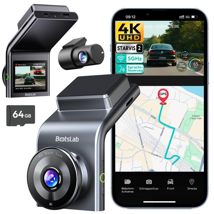 Автомобільний відеореєстратор BOTSLAB G300H Plus 4K Dual-Channel (передня та задня камери), сенсор STARVIS 2, WDR, GPS, 5GHz Wi-Fi, голосове керування, карта пам'яті 64GB, нічний режим