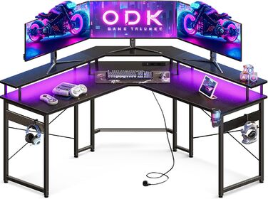 Ігровий стіл ODK з LED-підсвіткою, 2 розетками та 2 USB, кутовий комп'ютерний стіл з великою полицею для монітора, чорний