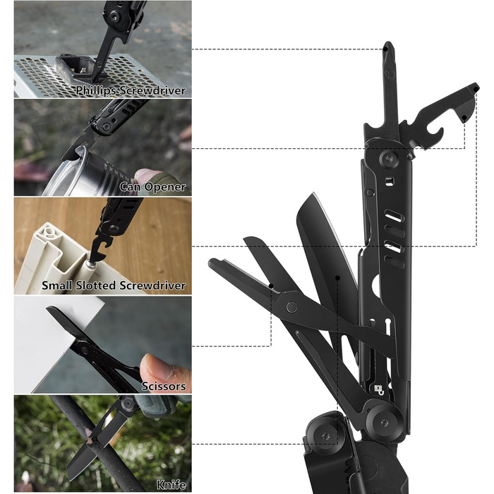 Мультитул FLISSA 15-в-1: ніж, пилка, ножиці, мультиінструмент для туризму, риболовлі та ремонту, з карабіном та чохлом, нержавіюча сталь
