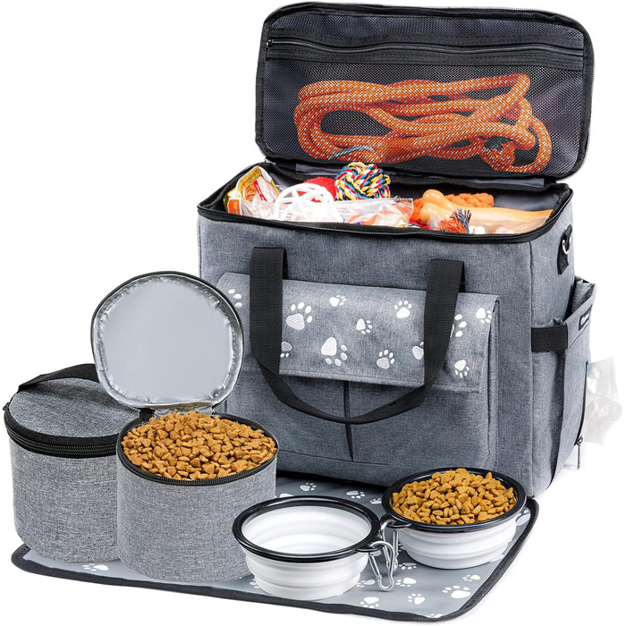 Сумка для собак у подорожі, схвалена авіакомпаніями, з контейнерами для корму та складними мисками (XL, сіра)