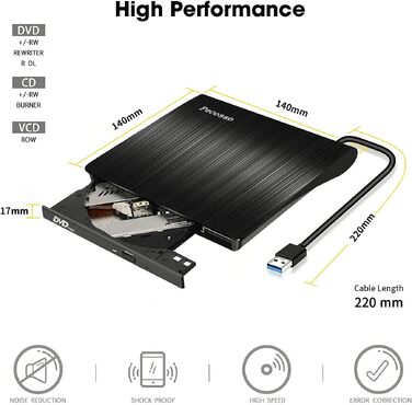Зовнішній CD/DVD привід USB 3.0, портативний Slim RW записувач для ноутбуків та ПК (Windows, Mac OS, MacBook, iMac), чорний