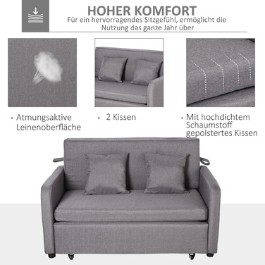 HOMCOM Sleeper Sofa, Sleeper Couch with Storage, Throw Pillows, Armrests, 2-Seater Sofa Bed with Sleeping Function, Linen Look, Upholstered Couch with Wheels for Living Room, Bedroom, Grey | Aosom