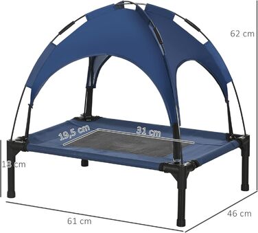 Підвищене собаче ліжко PawHut з балдахіном, для собак, вулиця, дихаючий матеріал, тафта, кемпінг, темно-синій, 61 x 46 x 62 см