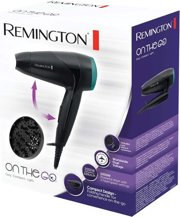Фен Remington D1500 On The Go: компактний, потужний, для подорожей (2000 Вт, 120/220-240V, насадки)
