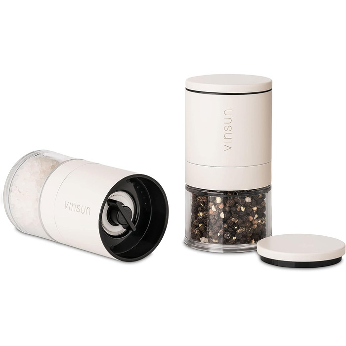 Набір з 2 мельниць для солі та перцю Vinsun - керамічний механізм, регульовані, ручні, нержавіюча сталь, кремово-білі