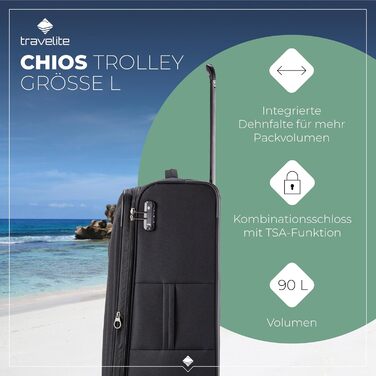 Чемодан Travelite Chios L, 78 см, 90-97 л, чорний: м'яка оболонка, захист кутів, розширюваний