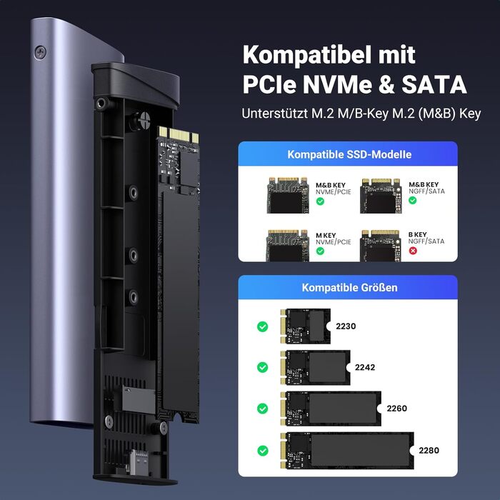 Зовнішній корпус для SSD UGREEN M.2 NVMe та SATA, USB 3.2 Gen 2, швидкість 10 Гбіт/с, алюмінієвий