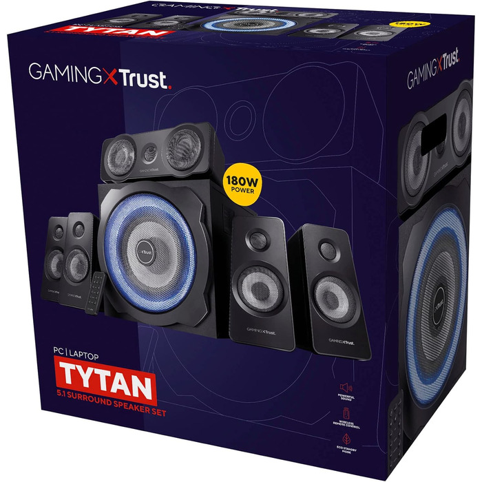 Акустична система Trust Gaming GXT 658 Tytan 5.1 Surround з сабвуфером, LED-підсвічуванням, 180 Вт, для ПК, ноутбука, консолі, TV, чорна