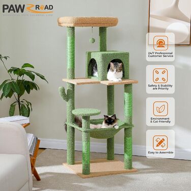 Комплекс для котів PAWZ Road з гамаком, будиночком, 6-ярусна драбина та когтеточками, 143 см, зелений