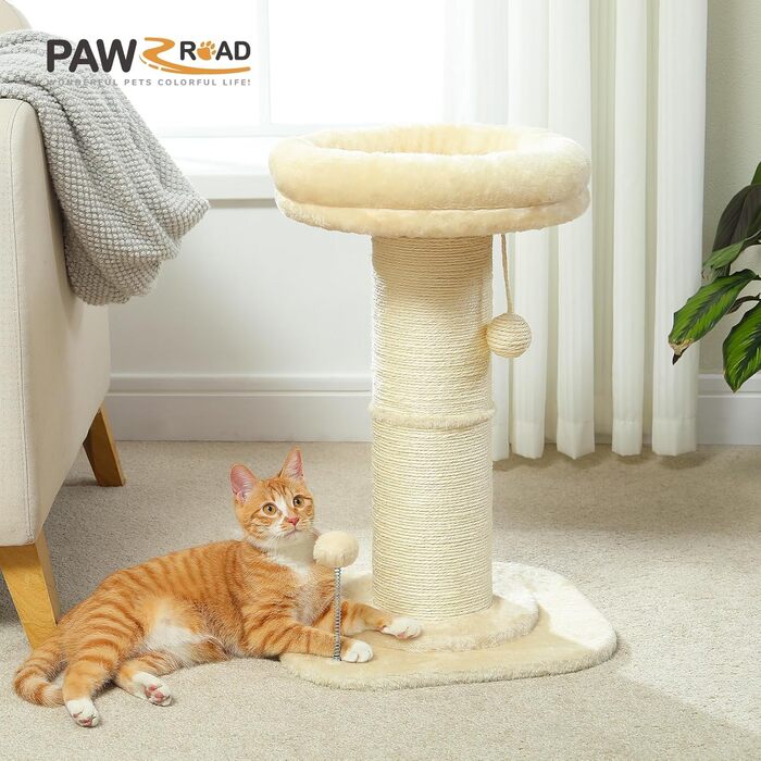 PAWZ Road Cat Tree, Tall Cat Scratching Post for Indoor Cats with Super Thick Scratching Post [Dia=14cm], Detachable Fluffy Cat Bed, Cat Scratching Post with Feather Ball, Beige
