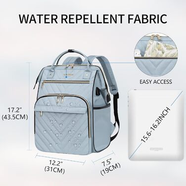 Рюкзак для ноутбука Vankean для жінок 15.6-16.2 дюймів з USB-портом, водонепроникний, для роботи/школи/подорожей, квітковий дизайн (стьобаний, світло-блакитний)