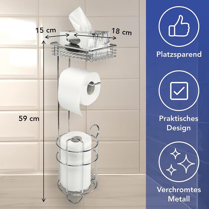 Підставка для туалетного паперу WENKO 3в1 з полицею та держателем рулонів - срібна, 16 x 59 x 18 см