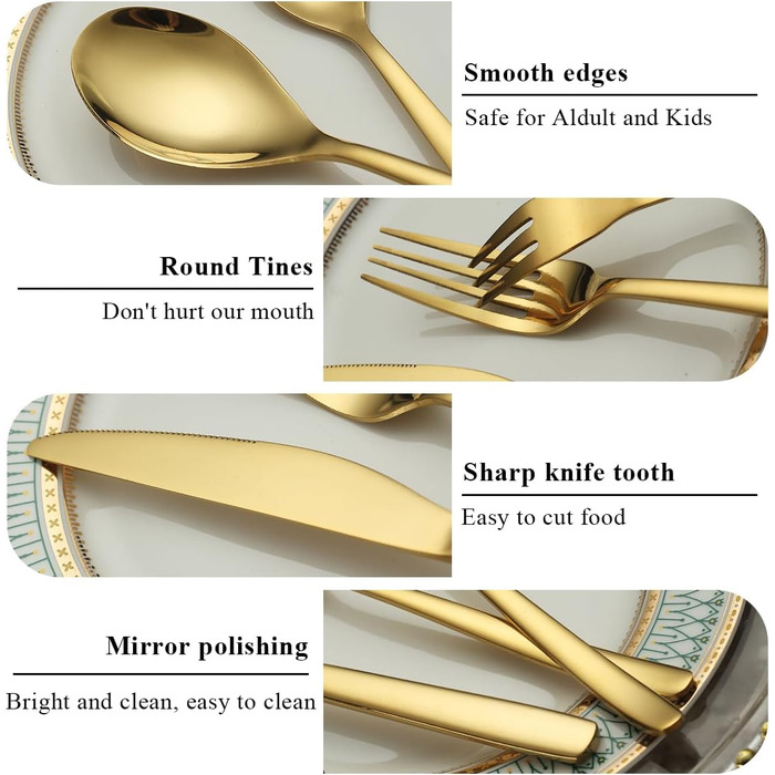 Gold Cutlery Set - 60-Piece Service for 12 People, Gold-Colored Titanium Stainless Steel Cutlery Set, Gold Spoons, Forks, and Knives Set for Home, Wedding, Restaurant, Hotel, Dishwasher-Safe