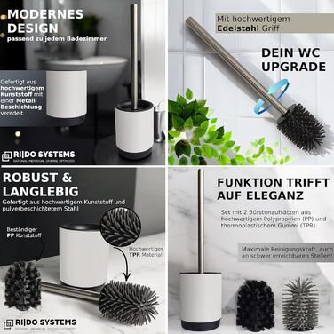 Набір для чищення унітазу з ручкою з нержавіючої сталі - 2 насадки, для ванної кімнати, гігієнічний, антибактеріальний