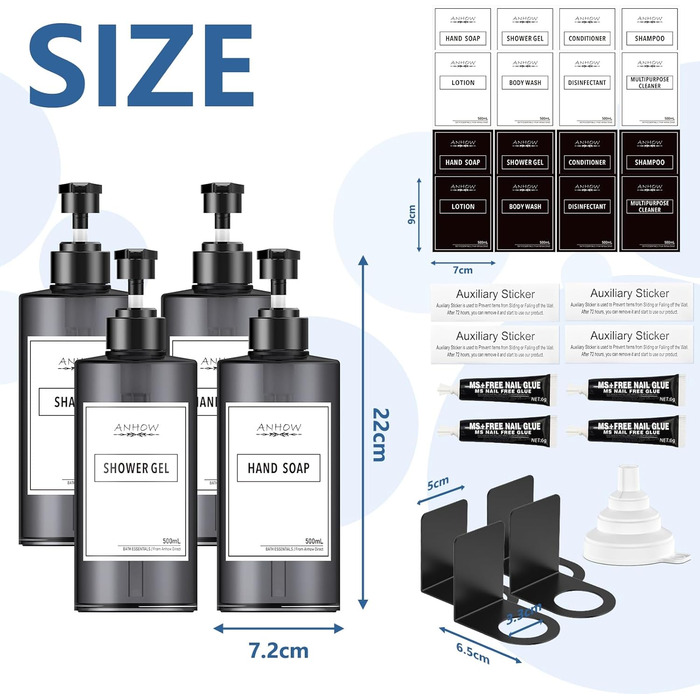 Набір дозаторів для мила на стіну 4er, сірий, 500 мл, без свердління, з наліпками