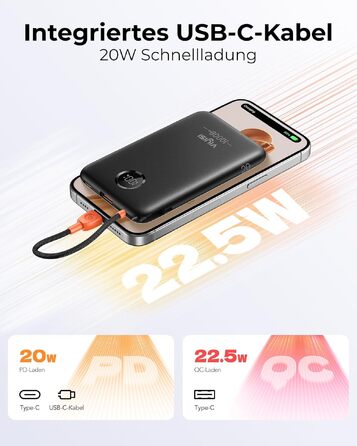 Повербанк VIYISI 10000mAh ультратонкий із вбудованим кабелем USB-C, чорний