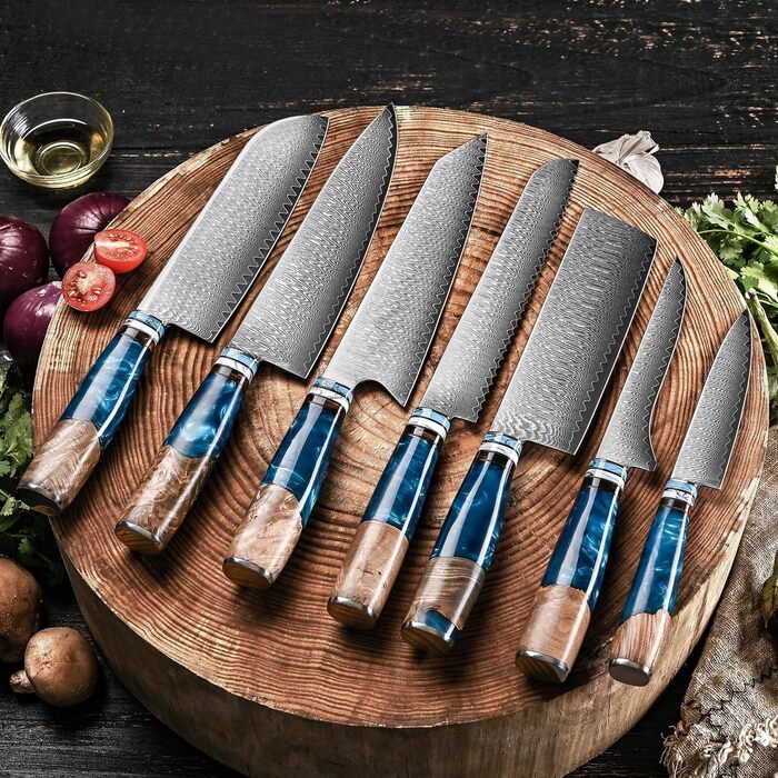 Набір професійних кухонних ножів oFuun Damast: Guyto, Nakiri, Kiritsuke, Ausbeinmesser, Allzweckmesser (20 см, 67 шарів)