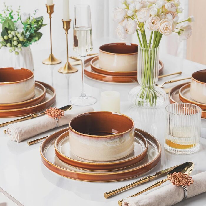 Набір керамічного посуду LERATIO для 4 осіб: тарілки та миски з реактивної глазурі, стійкий до сколів та тріщин, безпечний для миття в посудомийній машині, мікрохвильовій печі та духовці