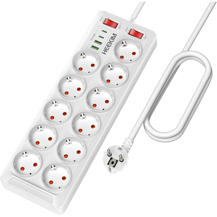 Многофункціональна мережева планка з USB, 11 розеток, вимикач, 2 USB-A та 2 USB-C порти, 4000W, 16A, 2 вимикачі, 2м кабель - білий