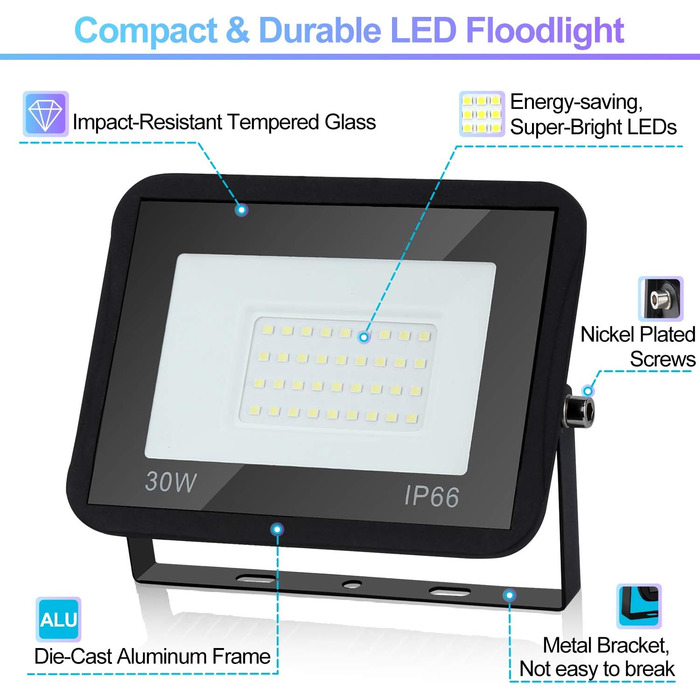 LED Floodlights Outdoor, Pack of 5, IP66 Waterproof Floodlights for Outdoor and Indoor Use, 8500LM Super Bright Outdoor Lights, 120 Degree Outdoor Lighting 6000K Cool White Spotlights (2 Pack, 30W)