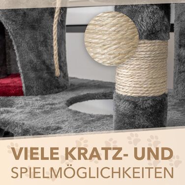 Кігтеточка для котів Foxdevil від xonic® - стабільна, багатофункціональна з платформою, гамаком, будиночком, іграшкою та сходами (141 см, сірий/червоний)