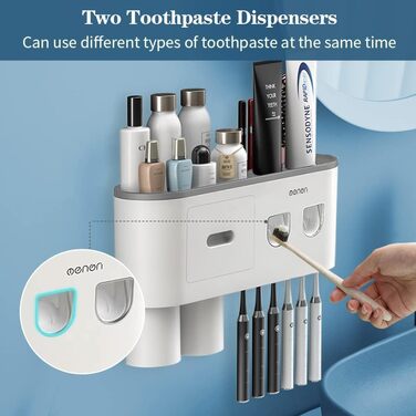 Automatic Toothpaste Dispenser, DENSAIL Toothbrush Holder Wall Mount with Dustproof Cover and 2 Toothpaste Dispensers, 2 Electric Toothbrush Holders, and 4 Toothbrush Organizer Slots (2 Dispensers + 2 Cups)