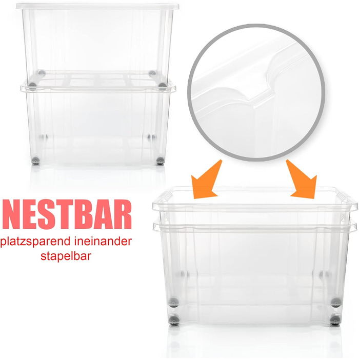BigDean 4-Piece 60L Storage Box with Lid Large Steel - Stackable, Robust Box, BPA-Free - Rollable Stack Box with Secure Click Closures - Made in Germany (Red Transparent)