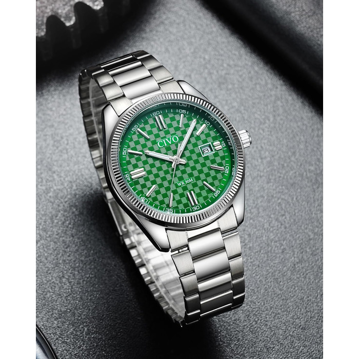 Чоловічий годинник CIVO з нержавіючої сталі: аналоговий бізнес-годинник з датою, що світиться - водонепроникний для роботи та відпочинку - стильний подарунок для чоловіків (сріблястий, зелений)