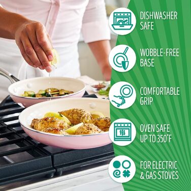 Набір сковорідок GreenLife Artisan, керамічне покриття, антипригарні, 20.3 см та 25.4 см, з нержавіючої сталі, без PFAS, придатні для миття в посудомийній машині, жаростійкі, рожеві