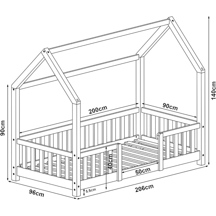 en.casa Kinderbett Sisimiut House Bed 90 x 200 cm with Fall Protection Wooden Bed for Children Floor Bed Slatted Frame Pine Wood Light Grey/White Light Grey / White 90x200 cm