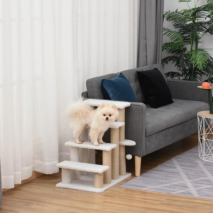 PawHut 3-Step Pet Stairs with Scratching Pillars, Ball, Dog Stairs, Pet Stairs for Cats up to 5 kg, Plush Jute, White, 45 x 40 x 48 cm (60L x 40W x 64H cm, White)
