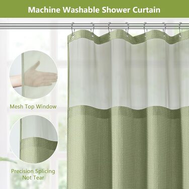 Шторка для душу з тканини Вафле, зелена, 183x183 см, з гачками, водонепроникна, для готелю