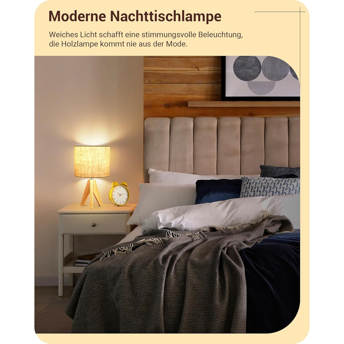 Настільна лампа EDISHINE, 2 шт. у наборі, дерев'яна, з абажуром кольору бежевого льону, цоколь E27, з лампочкою, вінтажний стиль, для спальні, вітальні, подарунок