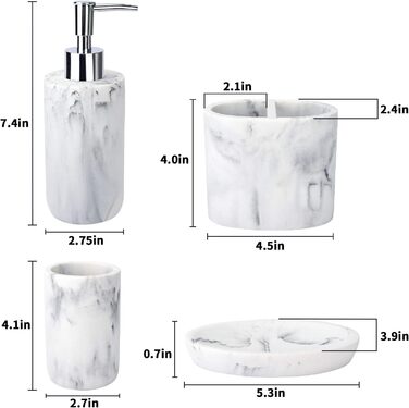 Набір аксесуарів для ванної кімнати L'ARL GMVOI, 4 шт., мармуровий набір аксесуарів для ванної кімнати з тримачем для зубних щіток, дозатором мила, склянкою, мильницею для декору ванної кімнати, білий