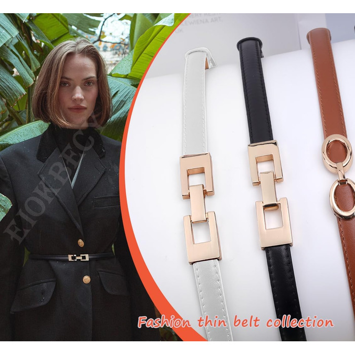 Жіночі шкіряні ремені (2 шт.) - тонкі, з золотою пряжкою для суконь та пальто (чорний+білий)